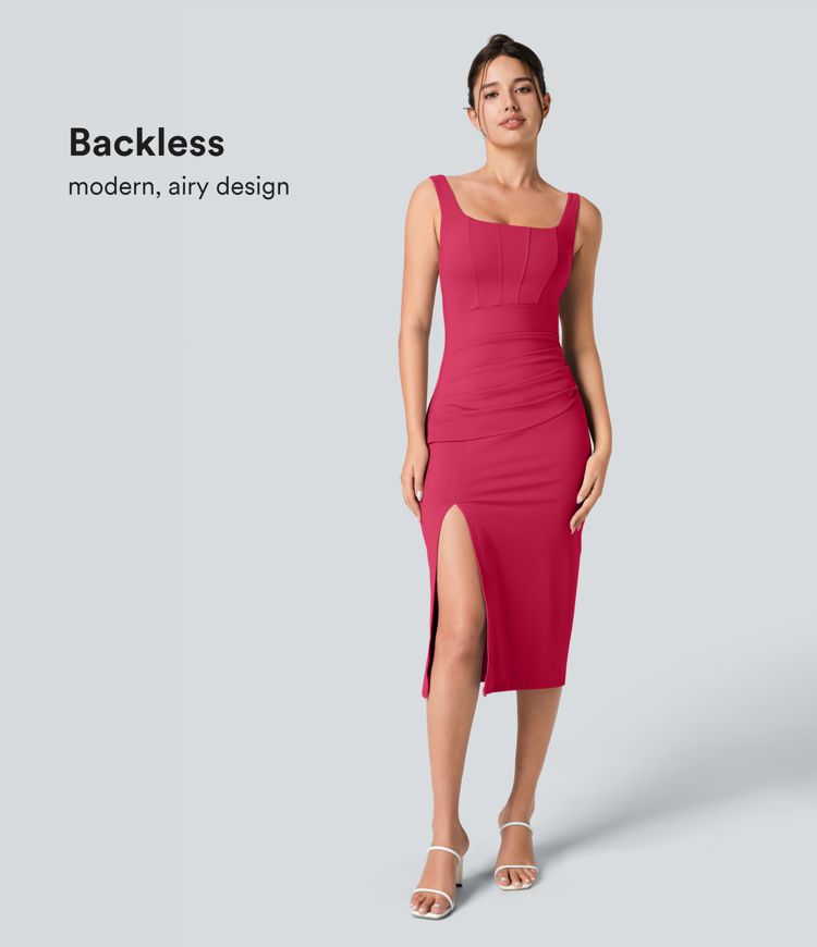 CurveLift™ Airy Square Neck Backless Corset Ruched Split Bodycon Midi Cool Touch Bridesmaid and Wedding Guest Dress