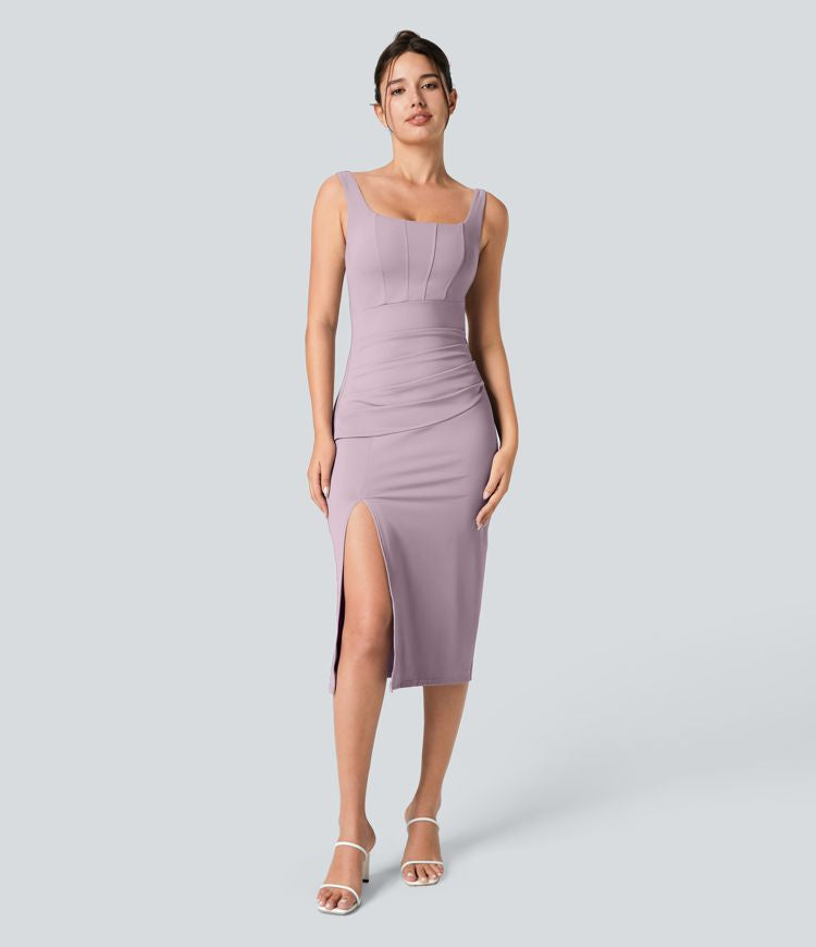 CurveLift™ Airy Square Neck Backless Corset Ruched Split Bodycon Midi Cool Touch Bridesmaid and Wedding Guest Dress