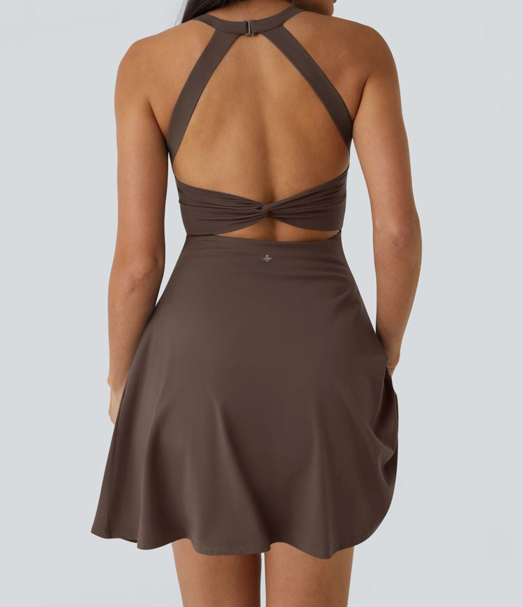 CurveLift™ Airy Backless Twisted Flare Low Support Dance Active Dress-Longer Length-Easy Peezy Edition A-C Cups