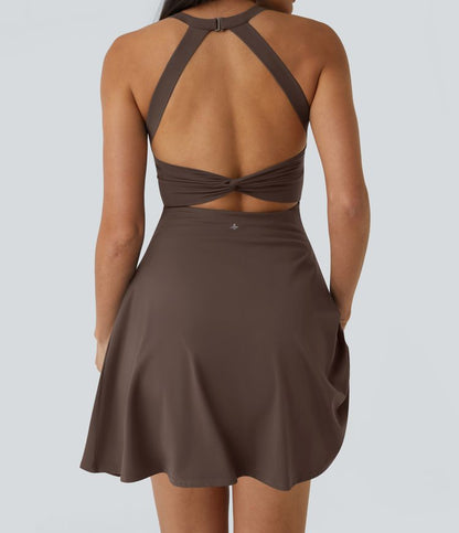 CurveLift™ Airy Backless Twisted Flare Low Support Dance Active Dress-Longer Length-Easy Peezy Edition A-C Cups