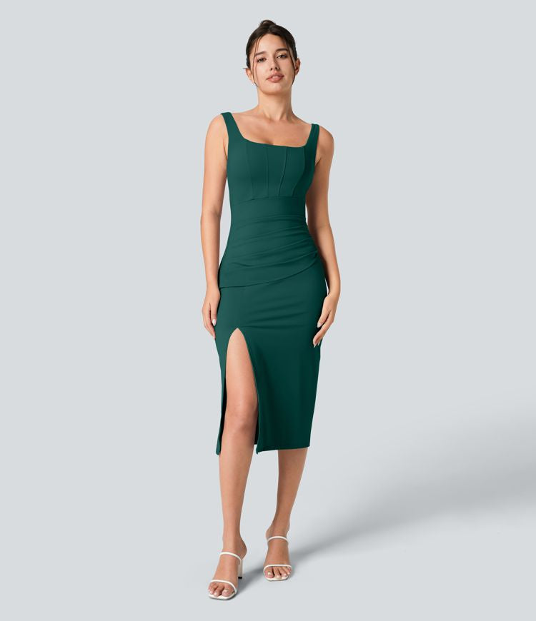 CurveLift™ Airy Square Neck Backless Corset Ruched Split Bodycon Midi Cool Touch Bridesmaid and Wedding Guest Dress