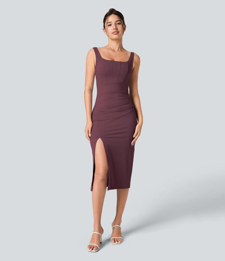 CurveLift™ Airy Square Neck Backless Corset Ruched Split Bodycon Midi Cool Touch Bridesmaid and Wedding Guest Dress