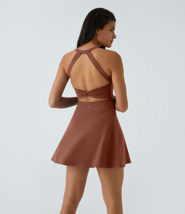 CurveLift™ Airy Backless Twisted Flare Low Support Dance Active Dress-Longer Length-Easy Peezy Edition A-C Cups