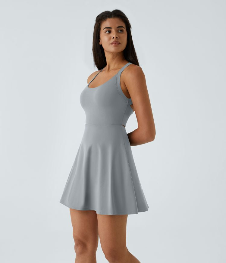 CurveLift™ Airy Backless Twisted Flare Low Support Dance Active Dress-Longer Length-Easy Peezy Edition A-C Cups