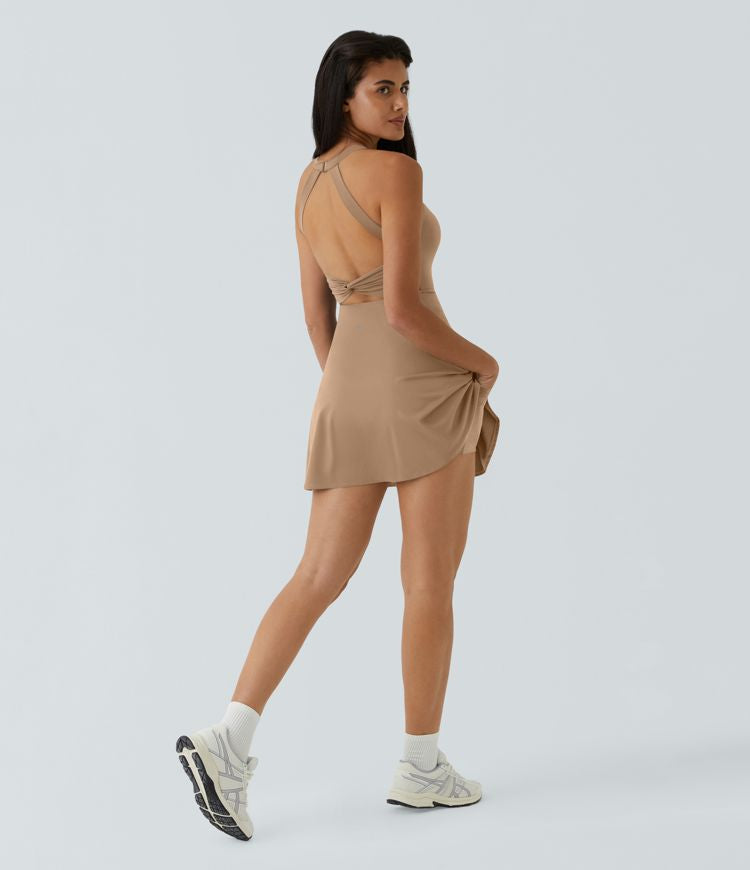 CurveLift™ Airy Backless Twisted Flare Low Support Dance Active Dress-Longer Length-Easy Peezy Edition A-C Cups