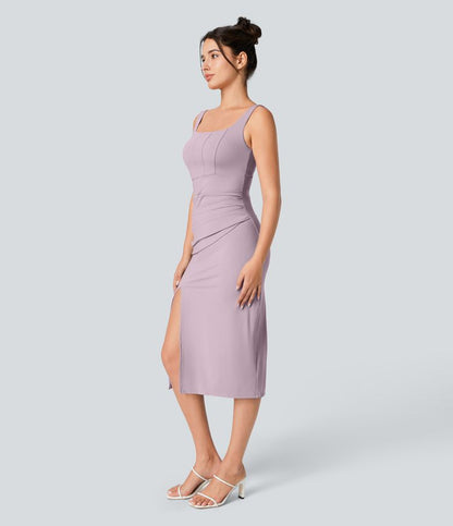 CurveLift™ Airy Square Neck Backless Corset Ruched Split Bodycon Midi Cool Touch Bridesmaid and Wedding Guest Dress