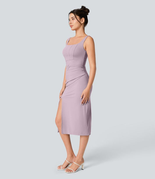 CurveLift™ Airy Square Neck Backless Corset Ruched Split Bodycon Midi Cool Touch Bridesmaid and Wedding Guest Dress