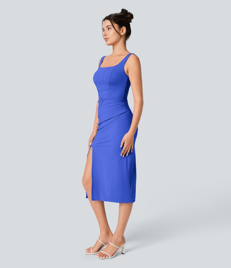 CurveLift™ Airy Square Neck Backless Corset Ruched Split Bodycon Midi Cool Touch Bridesmaid and Wedding Guest Dress