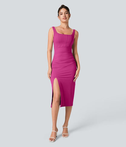 CurveLift™ Airy Square Neck Backless Corset Ruched Split Bodycon Midi Cool Touch Bridesmaid and Wedding Guest Dress