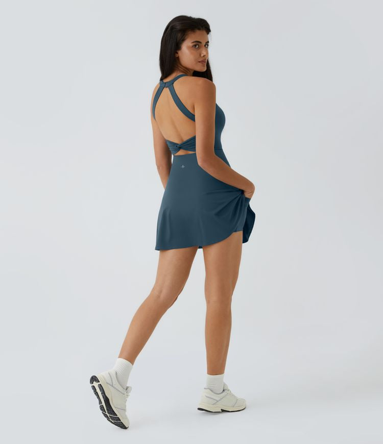 CurveLift™ Airy Backless Twisted Flare Low Support Dance Active Dress-Longer Length-Easy Peezy Edition A-C Cups