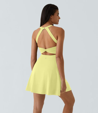 CurveLift™ Airy Backless Twisted Flare Low Support Dance Active Dress-Longer Length-Easy Peezy Edition A-C Cups