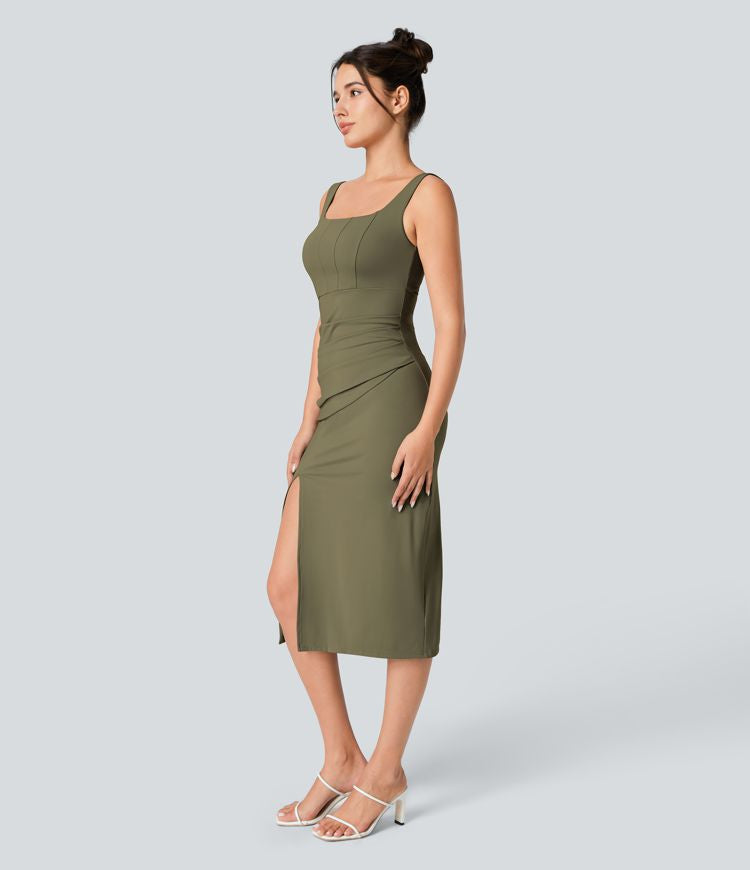 CurveLift™ Airy Square Neck Backless Corset Ruched Split Bodycon Midi Cool Touch Bridesmaid and Wedding Guest Dress