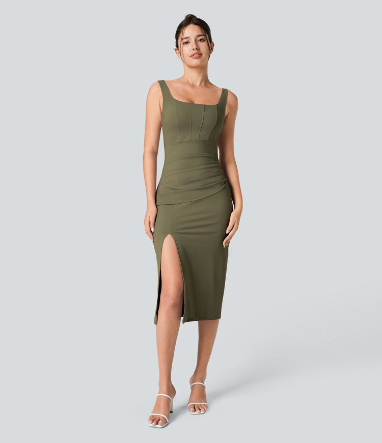 CurveLift™ Airy Square Neck Backless Corset Ruched Split Bodycon Midi Cool Touch Bridesmaid and Wedding Guest Dress