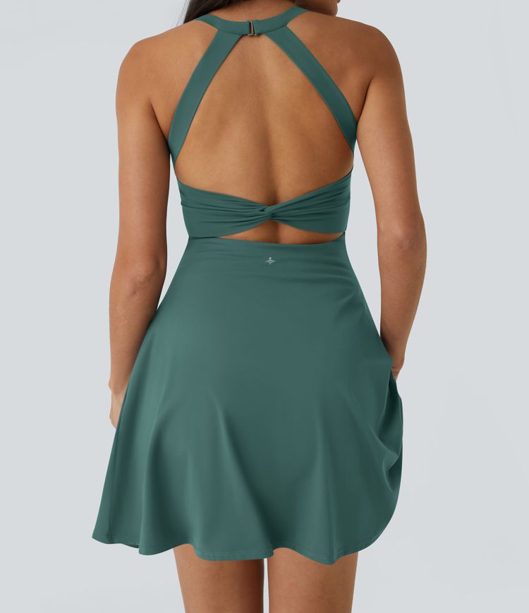 CurveLift™ Airy Backless Twisted Flare Low Support Dance Active Dress-Longer Length-Easy Peezy Edition A-C Cups