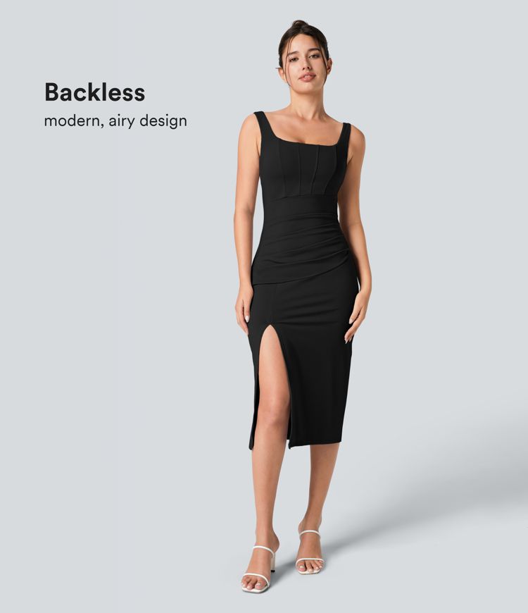 CurveLift™ Airy Square Neck Backless Corset Ruched Split Bodycon Midi Cool Touch Bridesmaid and Wedding Guest Dress