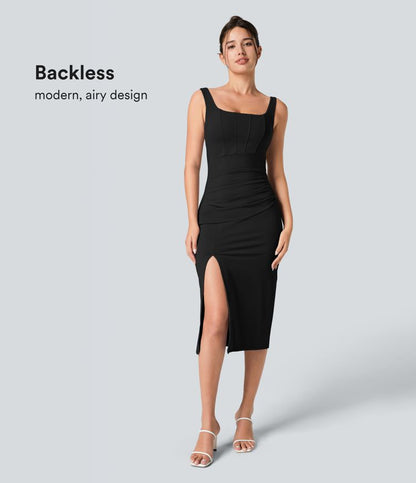 CurveLift™ Airy Square Neck Backless Corset Ruched Split Bodycon Midi Cool Touch Bridesmaid and Wedding Guest Dress