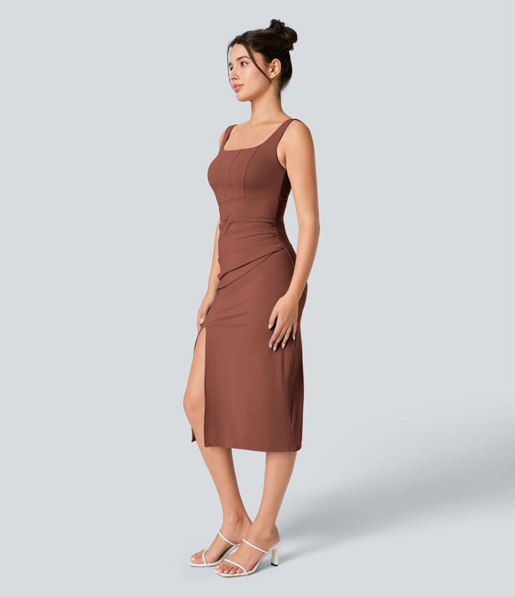 CurveLift™ Airy Square Neck Backless Corset Ruched Split Bodycon Midi Cool Touch Bridesmaid and Wedding Guest Dress