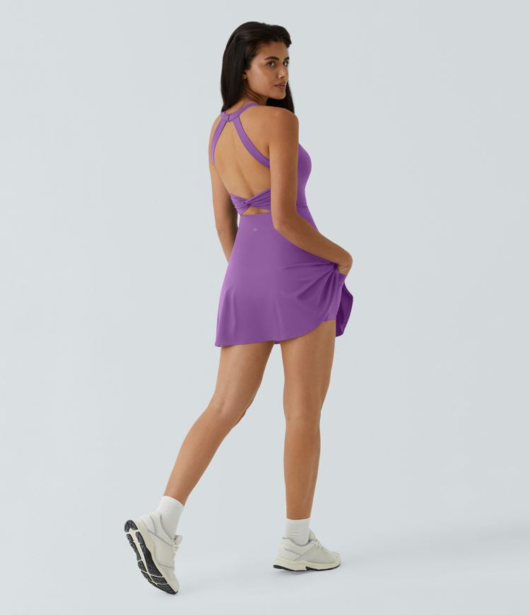 CurveLift™ Airy Backless Twisted Flare Low Support Dance Active Dress-Longer Length-Easy Peezy Edition A-C Cups