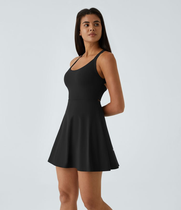 CurveLift™ Airy Backless Twisted Flare Low Support Dance Active Dress-Longer Length-Easy Peezy Edition A-C Cups