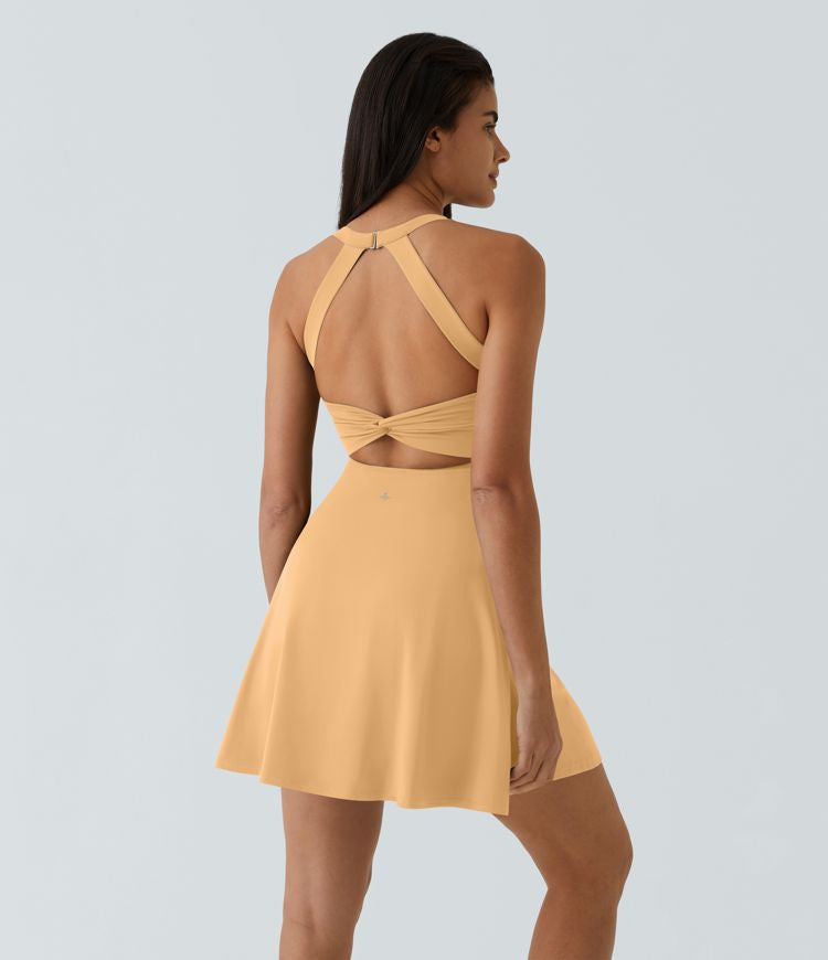 CurveLift™ Airy Backless Twisted Flare Low Support Dance Active Dress-Longer Length-Easy Peezy Edition A-C Cups